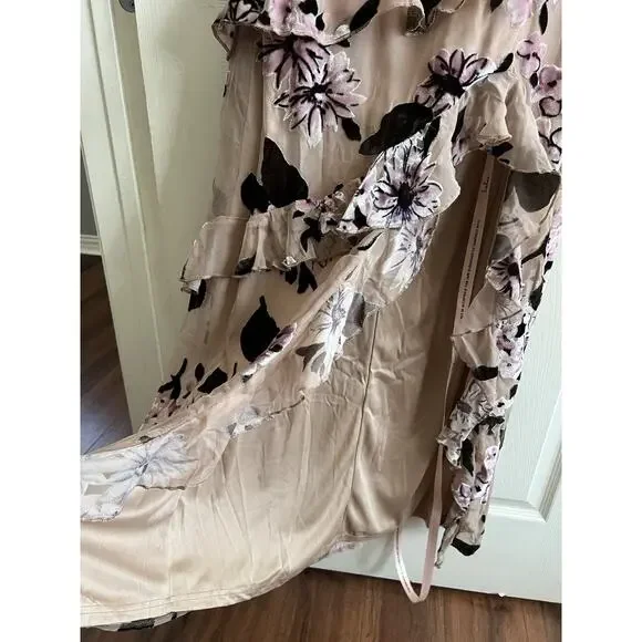 LULUS Chelisa Beige Velvet Floral Ruffled Bustier Strapless Maxi Dress Sz S NWT - Picture 6 of 14